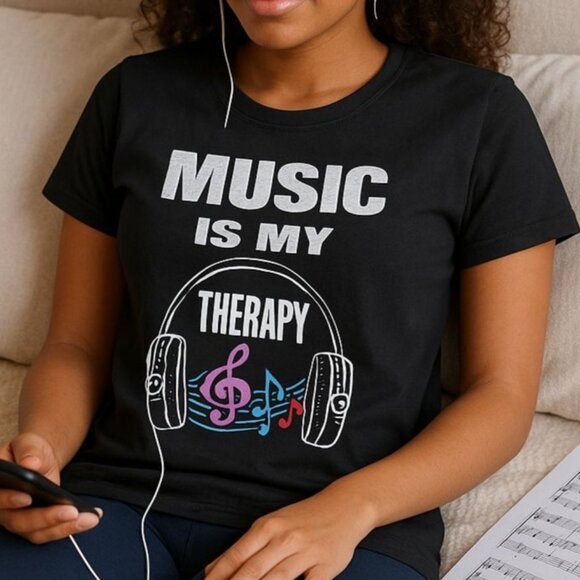 Boutique Tops - Music Is My Therapy T Shirt Size L Black Graphic Tee Headphones Treble Clef Note